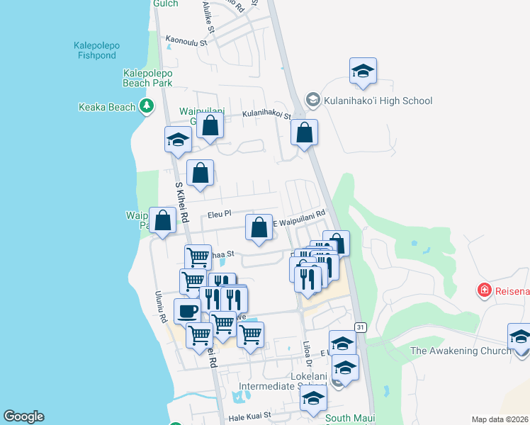 map of restaurants, bars, coffee shops, grocery stores, and more near 183 Eleu Place in Kihei