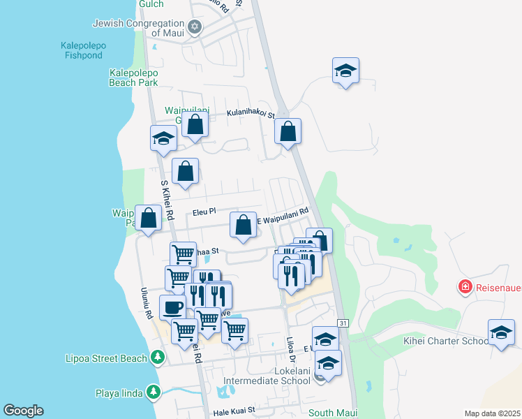map of restaurants, bars, coffee shops, grocery stores, and more near 190 Eleu Place in Kihei