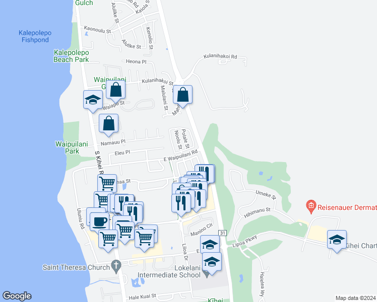 map of restaurants, bars, coffee shops, grocery stores, and more near 30 Kawailani Circle in Kihei