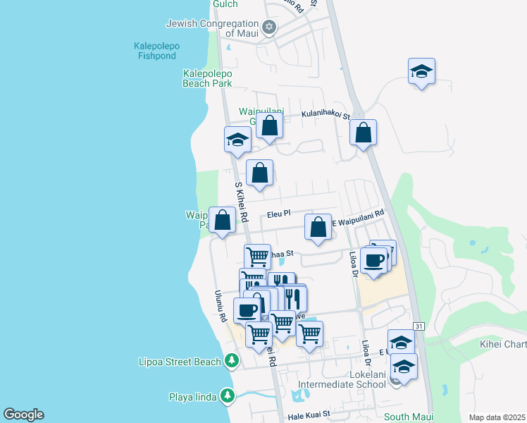 map of restaurants, bars, coffee shops, grocery stores, and more near 41 Eleu Place in Kihei