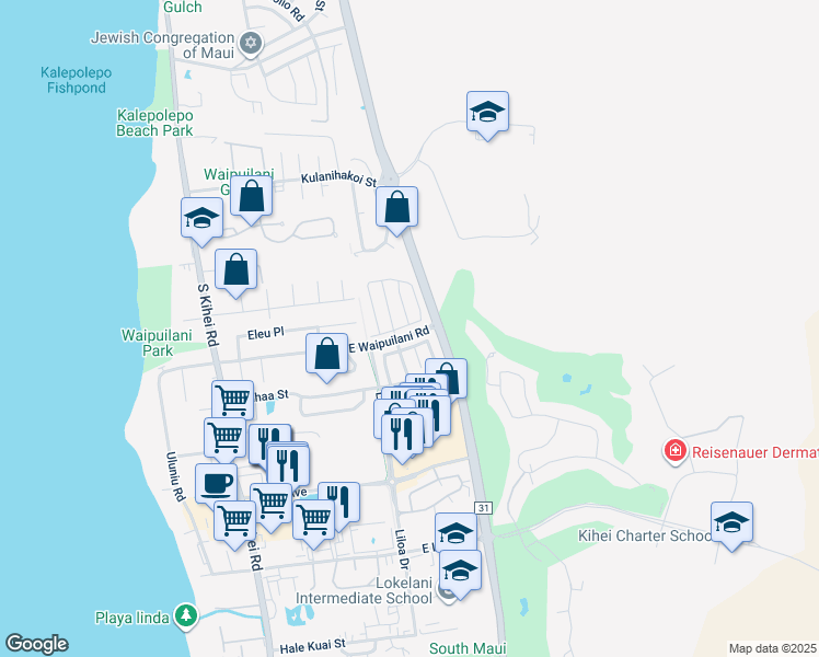 map of restaurants, bars, coffee shops, grocery stores, and more near 30 Kawailani Circle in Kihei