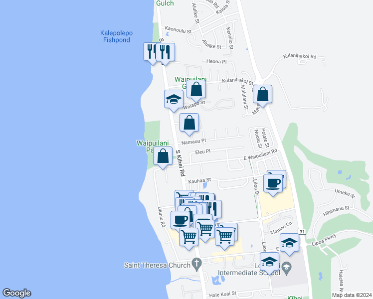 map of restaurants, bars, coffee shops, grocery stores, and more near 33 Eleu Place in Kihei