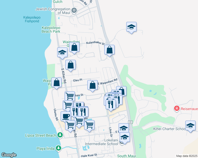 map of restaurants, bars, coffee shops, grocery stores, and more near 190 Eleu Place in Kihei