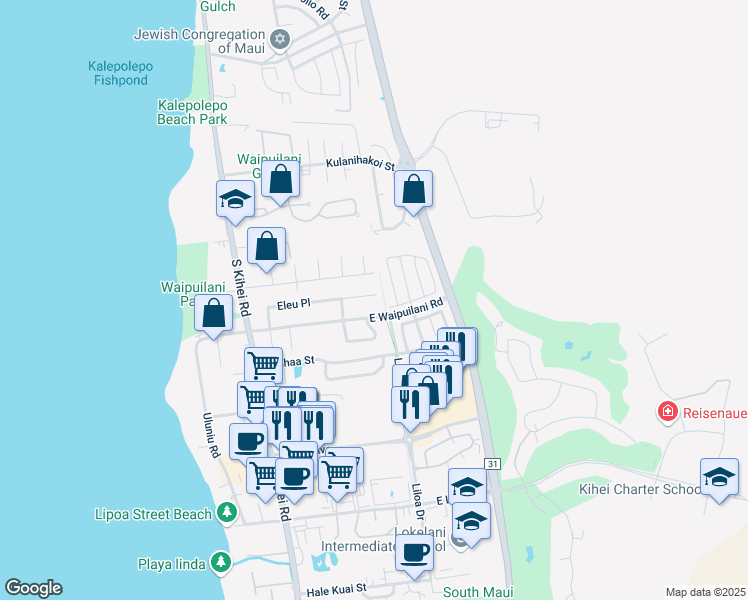 map of restaurants, bars, coffee shops, grocery stores, and more near 190 Eleu Place in Kihei