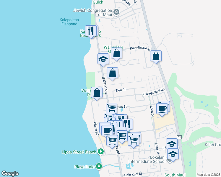 map of restaurants, bars, coffee shops, grocery stores, and more near 33 Eleu Place in Kihei