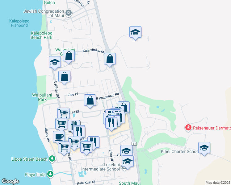 map of restaurants, bars, coffee shops, grocery stores, and more near 42 Kawailani Circle in Kihei