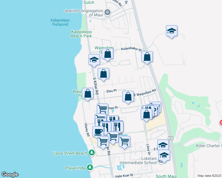 map of restaurants, bars, coffee shops, grocery stores, and more near 71 Eleu Place in Kihei