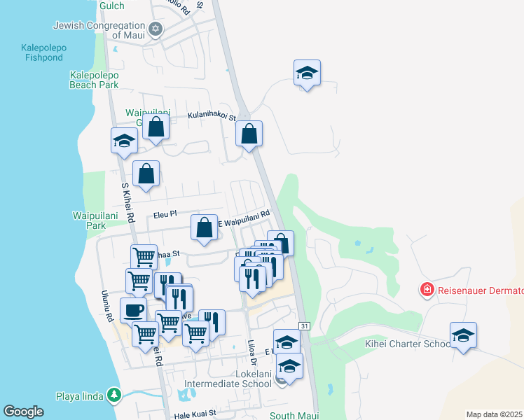 map of restaurants, bars, coffee shops, grocery stores, and more near 42 Kawailani Circle in Kihei
