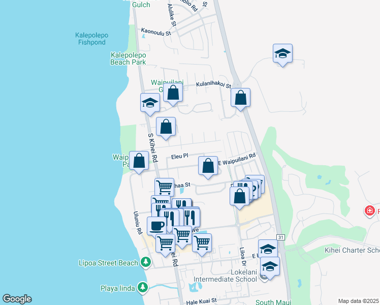 map of restaurants, bars, coffee shops, grocery stores, and more near 103 Eleu Place in Kihei