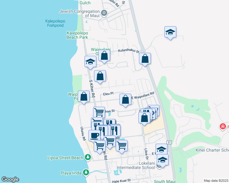 map of restaurants, bars, coffee shops, grocery stores, and more near 103 Eleu Place in Kihei