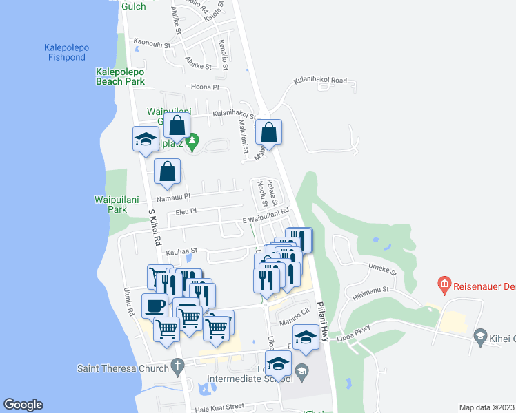 map of restaurants, bars, coffee shops, grocery stores, and more near 273 Kawailani Circle in Kihei