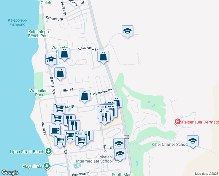 map of restaurants, bars, coffee shops, grocery stores, and more near 48 Kawailani Circle in Kihei