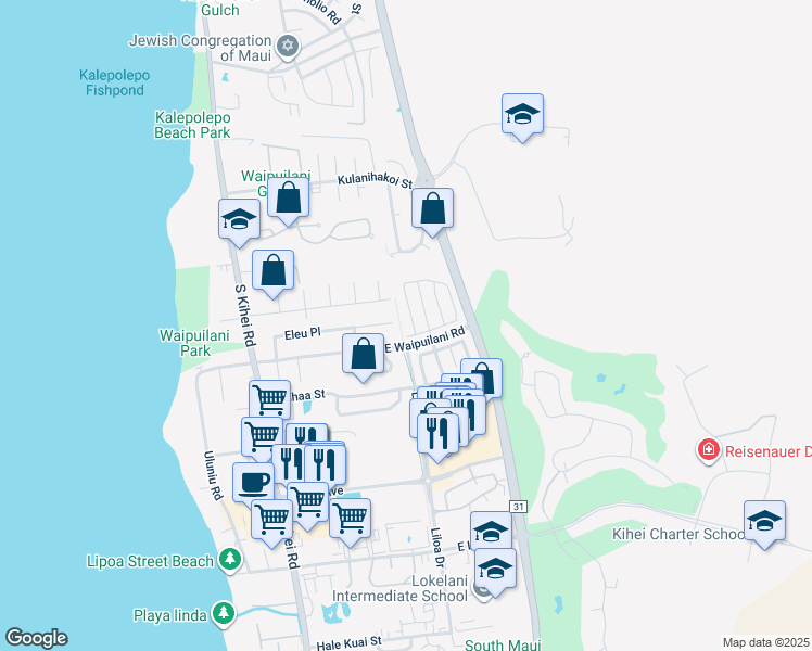 map of restaurants, bars, coffee shops, grocery stores, and more near 270 Kawailani Circle in Kihei