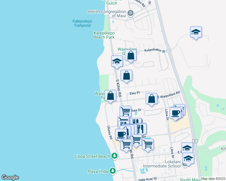 map of restaurants, bars, coffee shops, grocery stores, and more near 1002 South Kihei Road in Kihei