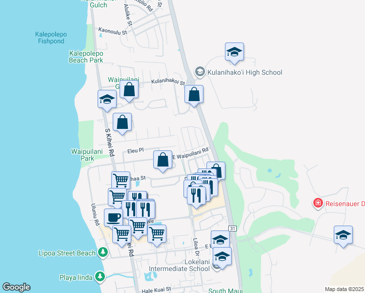 map of restaurants, bars, coffee shops, grocery stores, and more near 270 Kawailani Circle in Kihei