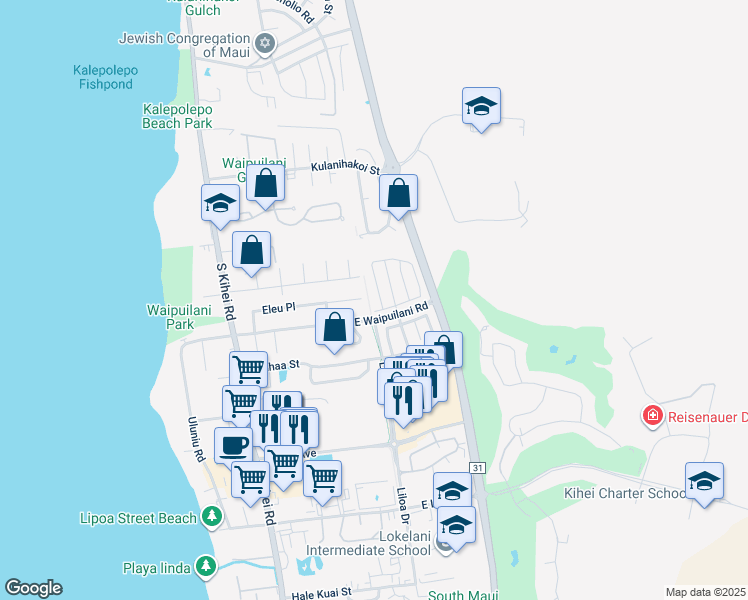 map of restaurants, bars, coffee shops, grocery stores, and more near 270 Kawailani Circle in Kihei