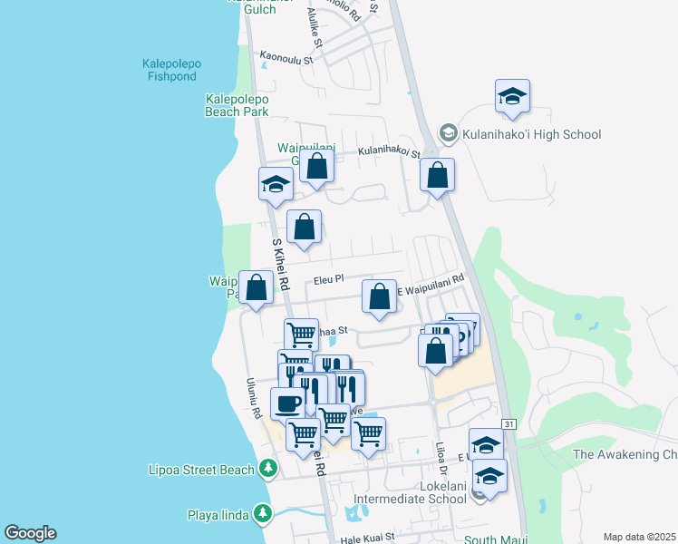 map of restaurants, bars, coffee shops, grocery stores, and more near 91 Eleu Place in Kihei