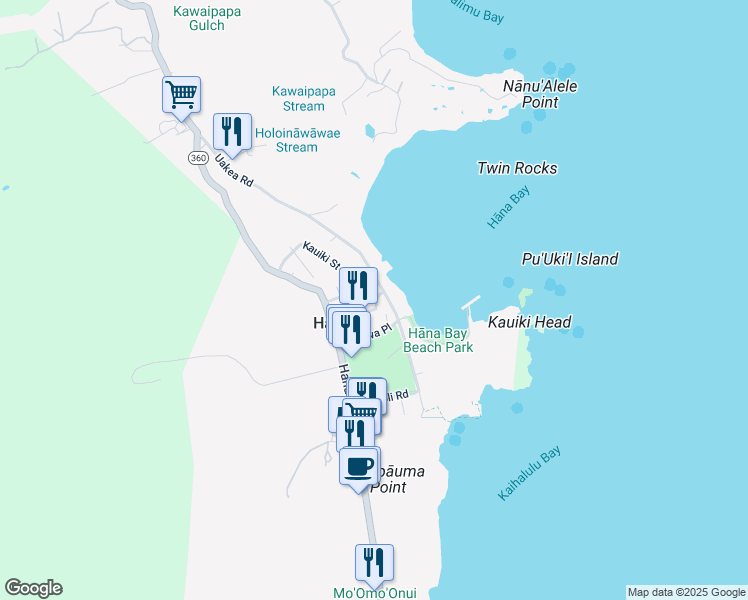 map of restaurants, bars, coffee shops, grocery stores, and more near 77 Keanini Drive in Hana