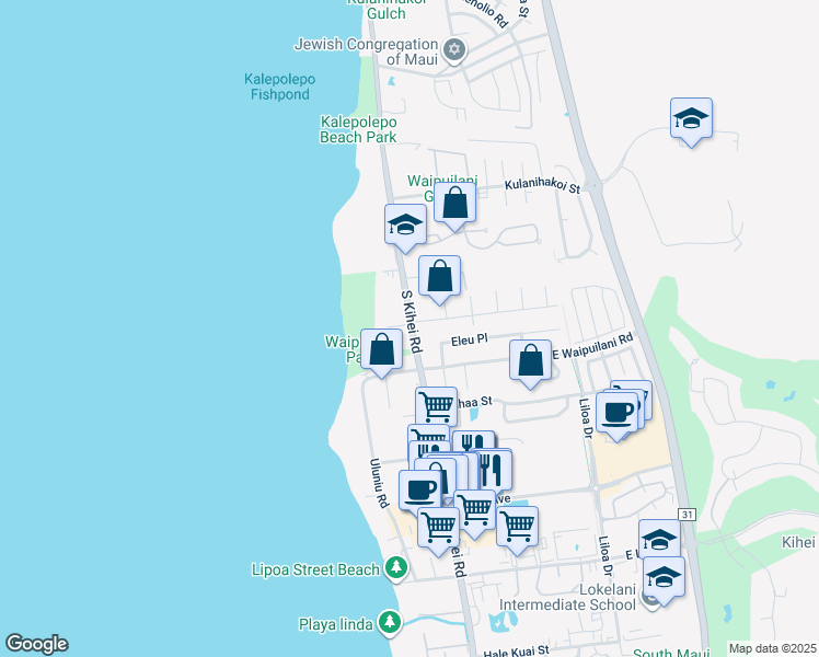map of restaurants, bars, coffee shops, grocery stores, and more near 1002 South Kihei Road in Kihei