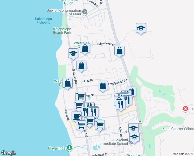 map of restaurants, bars, coffee shops, grocery stores, and more near 121 Eleu Place in Kihei