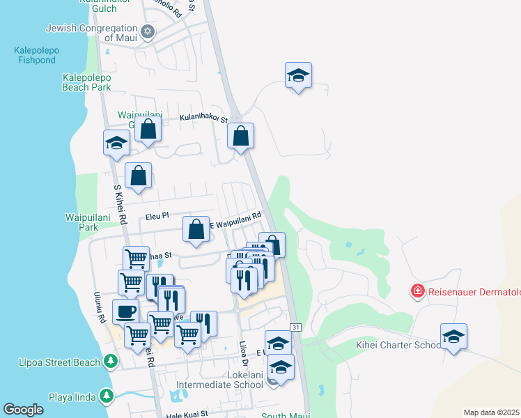 map of restaurants, bars, coffee shops, grocery stores, and more near 60 Kawailani Circle in Kihei