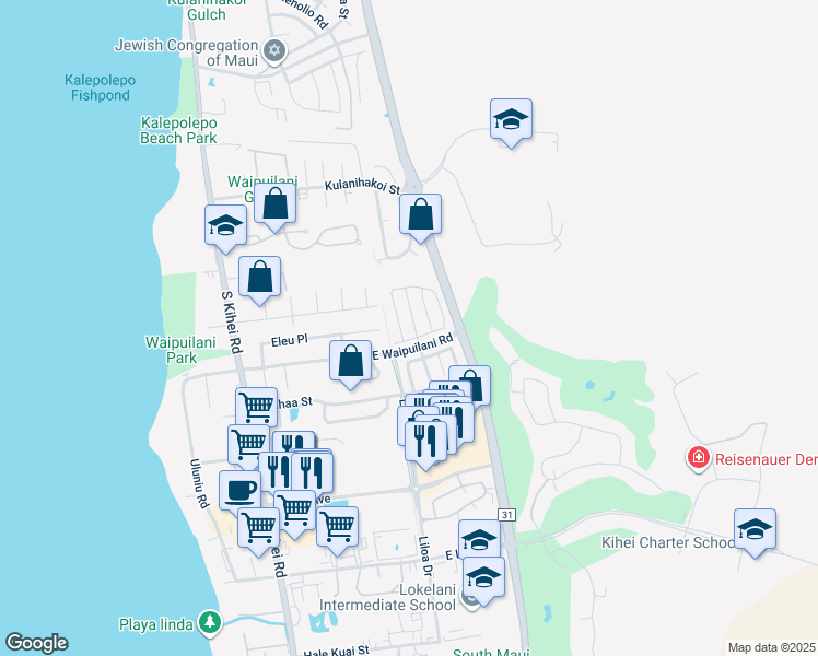 map of restaurants, bars, coffee shops, grocery stores, and more near 31 Noolu Street in Kihei