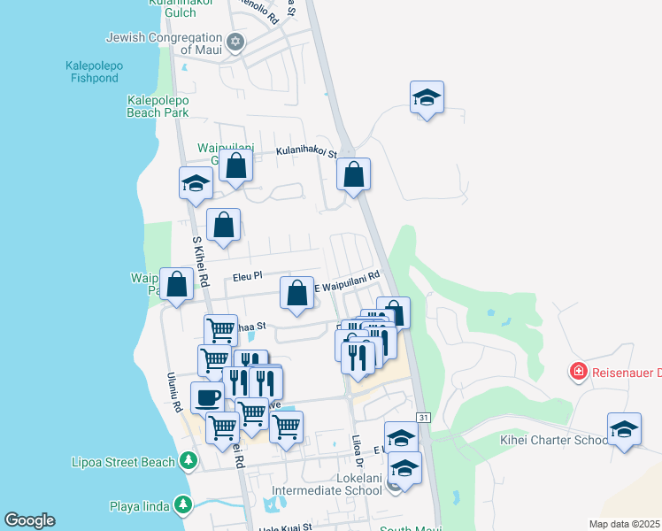 map of restaurants, bars, coffee shops, grocery stores, and more near 264 Kawailani Circle in Kihei