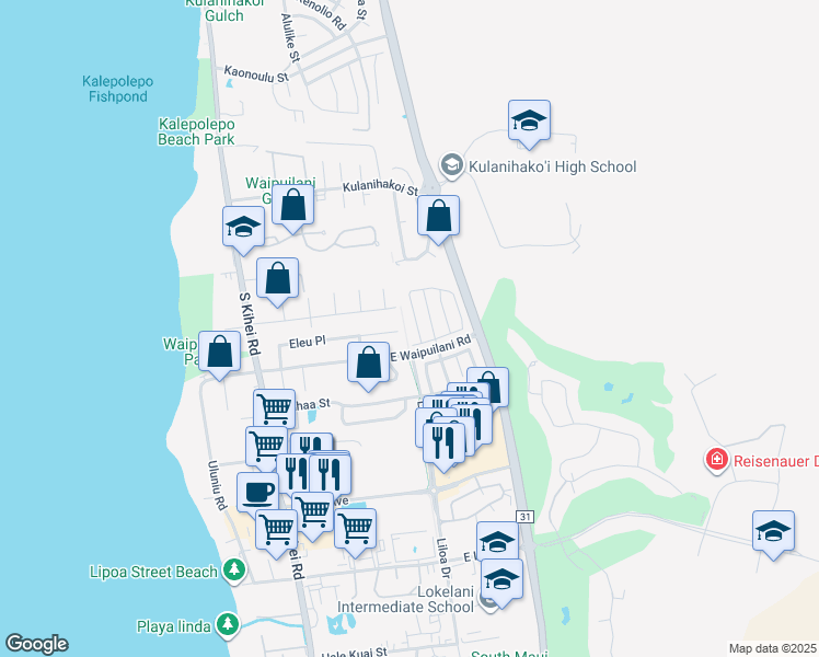 map of restaurants, bars, coffee shops, grocery stores, and more near 264 Kawailani Circle in Kihei