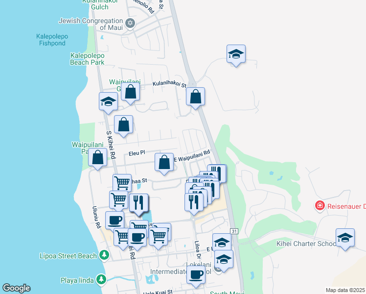 map of restaurants, bars, coffee shops, grocery stores, and more near 264 Kawailani Circle in Kihei