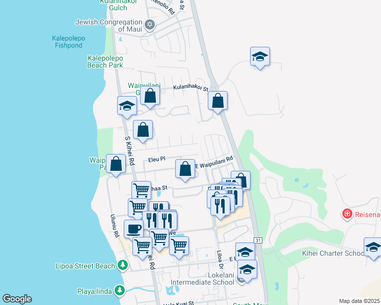 map of restaurants, bars, coffee shops, grocery stores, and more near 171 Eleu Place in Kihei