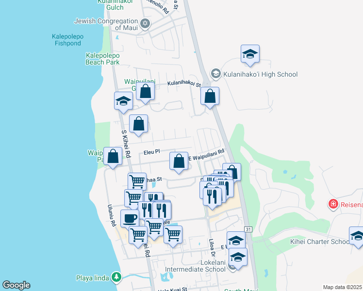 map of restaurants, bars, coffee shops, grocery stores, and more near 165 Eleu Place in Kihei