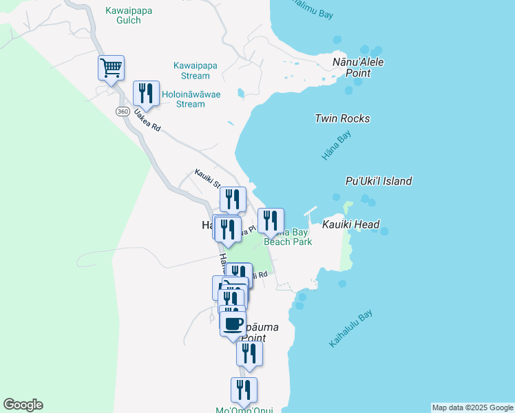 map of restaurants, bars, coffee shops, grocery stores, and more near 4975 Uakea Road in Hana