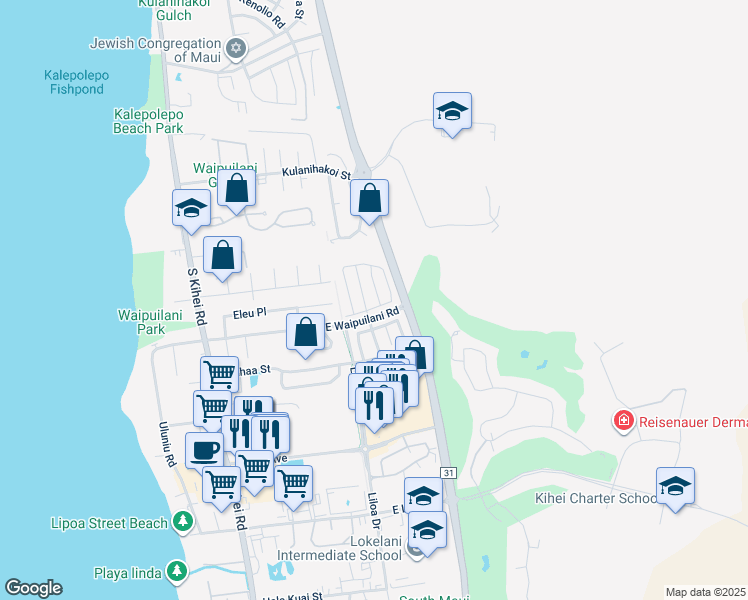 map of restaurants, bars, coffee shops, grocery stores, and more near 29 Polale Street in Kihei