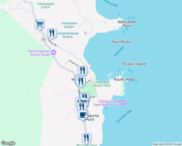 map of restaurants, bars, coffee shops, grocery stores, and more near 4975 Uakea Road in Hana