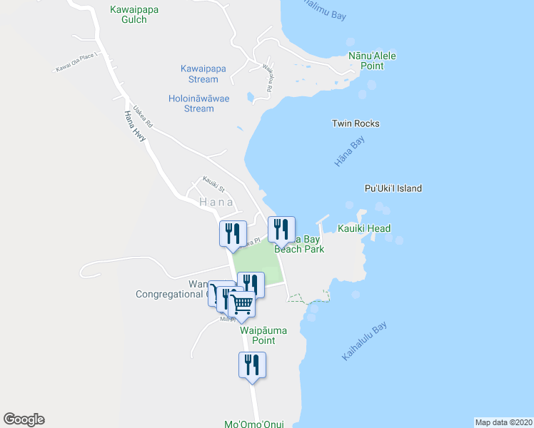 map of restaurants, bars, coffee shops, grocery stores, and more near 4975 Uakea Road in Hana