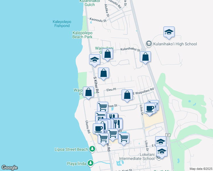 map of restaurants, bars, coffee shops, grocery stores, and more near 52 Namauu Place in Kihei