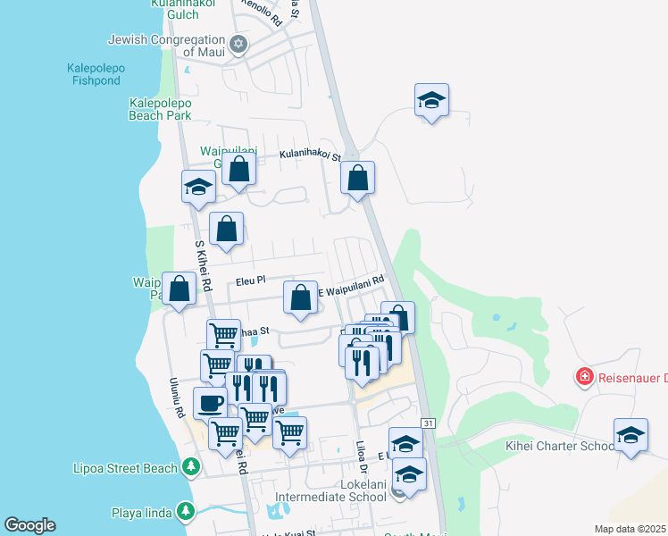 map of restaurants, bars, coffee shops, grocery stores, and more near 258 Kawailani Circle in Kihei