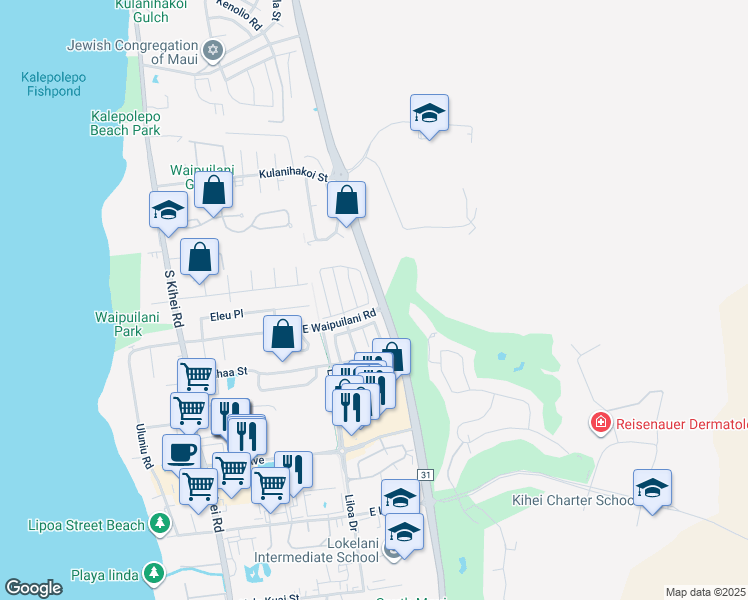 map of restaurants, bars, coffee shops, grocery stores, and more near 66 Kawailani Circle in Kihei