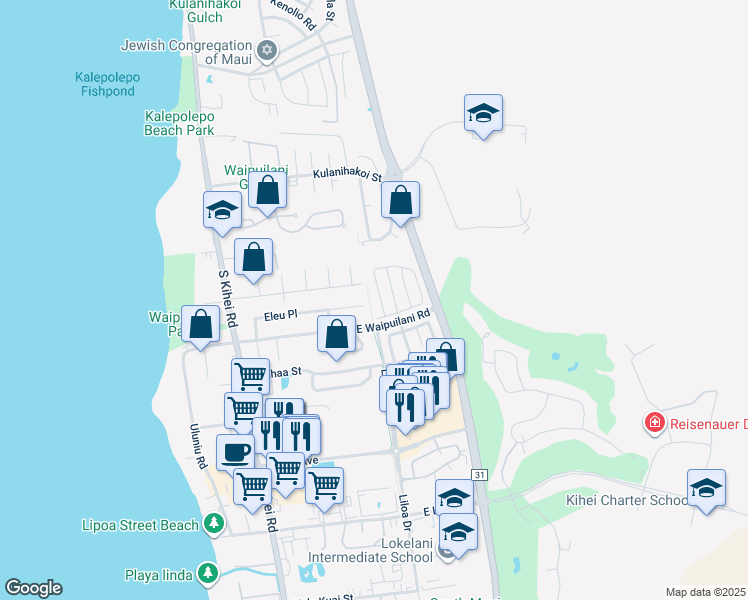 map of restaurants, bars, coffee shops, grocery stores, and more near 258 Kawailani Circle in Kihei