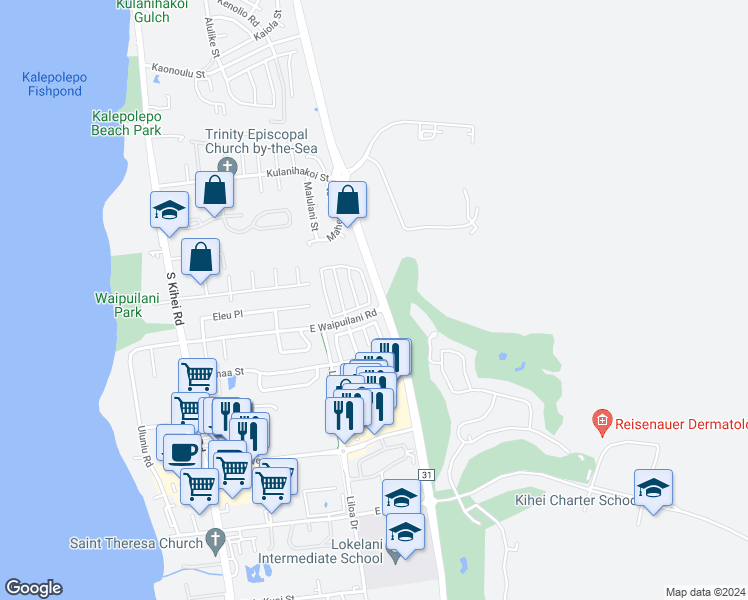 map of restaurants, bars, coffee shops, grocery stores, and more near 66 Kawailani Circle in Kihei