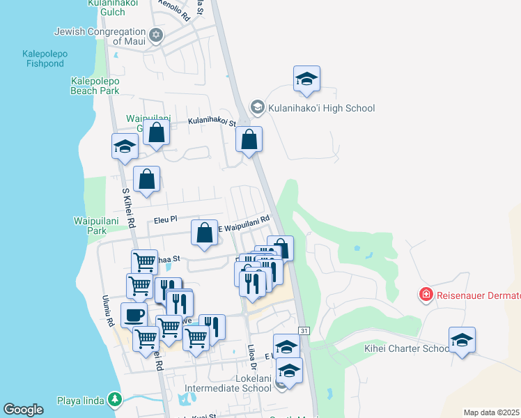 map of restaurants, bars, coffee shops, grocery stores, and more near 75 Kawailani Circle in Kihei