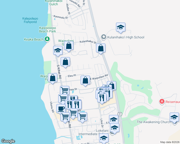 map of restaurants, bars, coffee shops, grocery stores, and more near 183 Eleu Place in Kihei