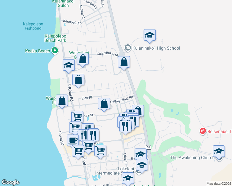 map of restaurants, bars, coffee shops, grocery stores, and more near 258 Kawailani Circle in Kihei