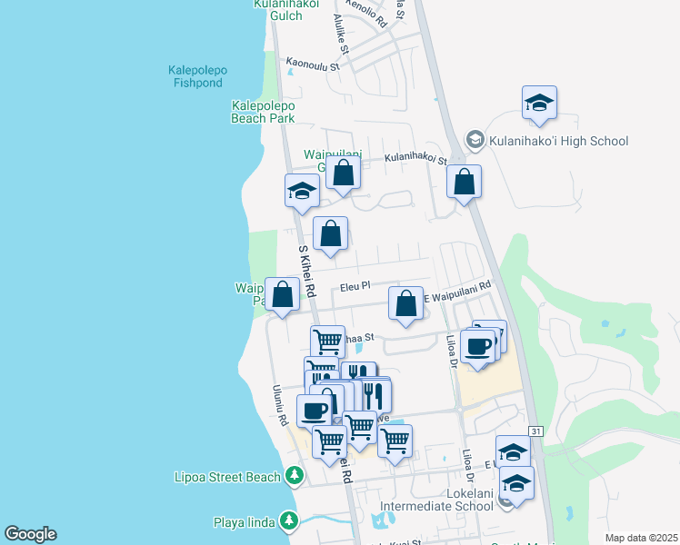 map of restaurants, bars, coffee shops, grocery stores, and more near 52 Namauu Place in Kihei