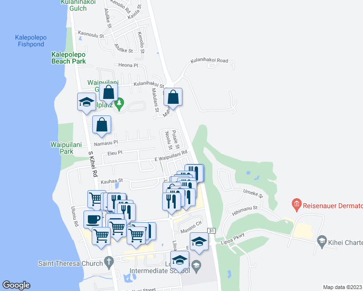 map of restaurants, bars, coffee shops, grocery stores, and more near 75 Kawailani Circle in Kihei