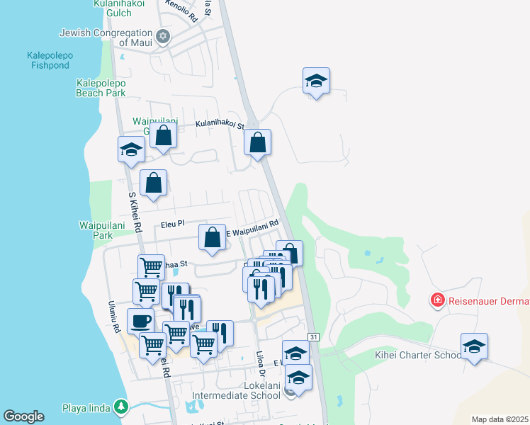 map of restaurants, bars, coffee shops, grocery stores, and more near 26 Polale Street in Kihei