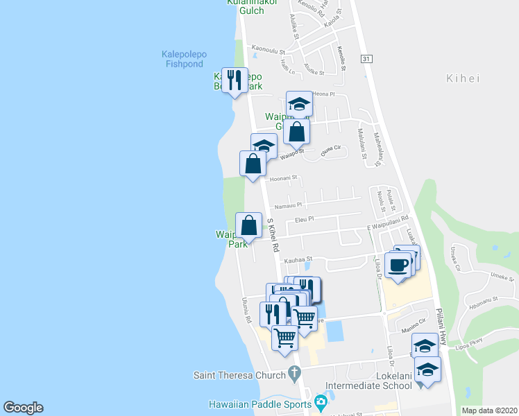map of restaurants, bars, coffee shops, grocery stores, and more near 992 South Kihei Road in Kihei