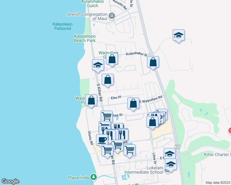 map of restaurants, bars, coffee shops, grocery stores, and more near 1006 Kapuhau Street in Kihei