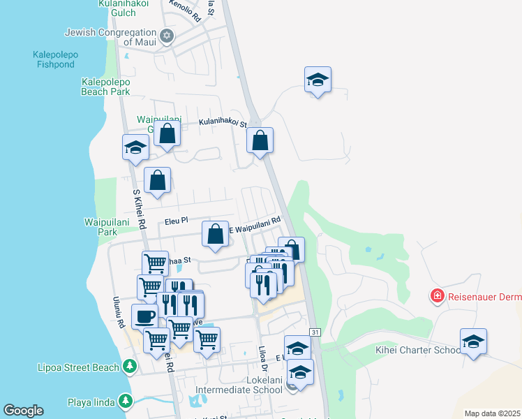 map of restaurants, bars, coffee shops, grocery stores, and more near 35 Polale Street in Kihei