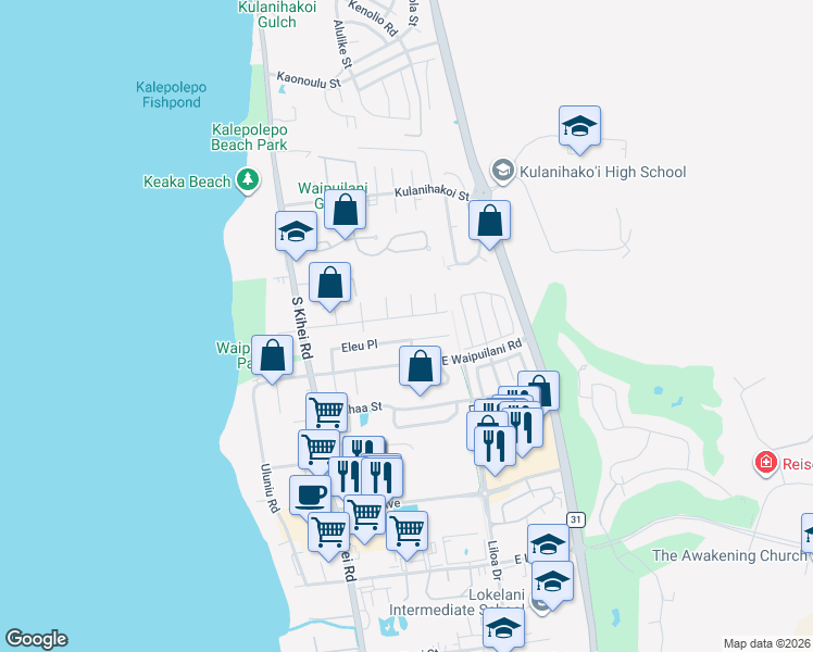 map of restaurants, bars, coffee shops, grocery stores, and more near 140 Namauu Place in Kihei